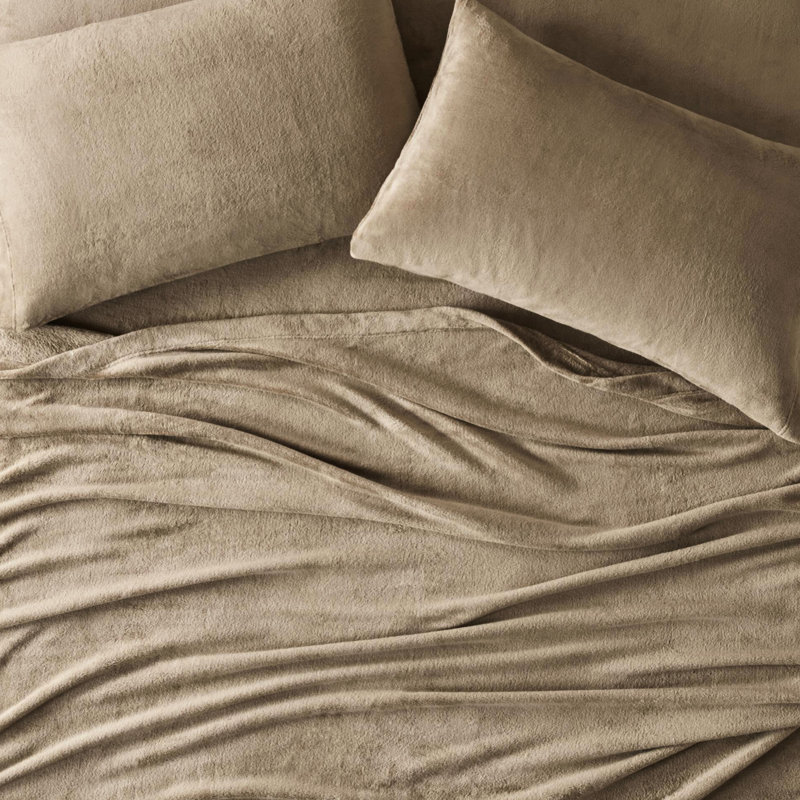 Très grand drap 4 pièces de couleur taupe - 100% confortable et doux avec des draps-housses plats 2 taies d'oreiller brossées des deux côtés entièrement élastiquées Lavable à la machine