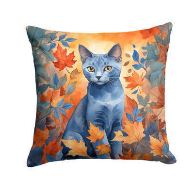 Russian Blue Cat in Fall Leaves Throw Pillow