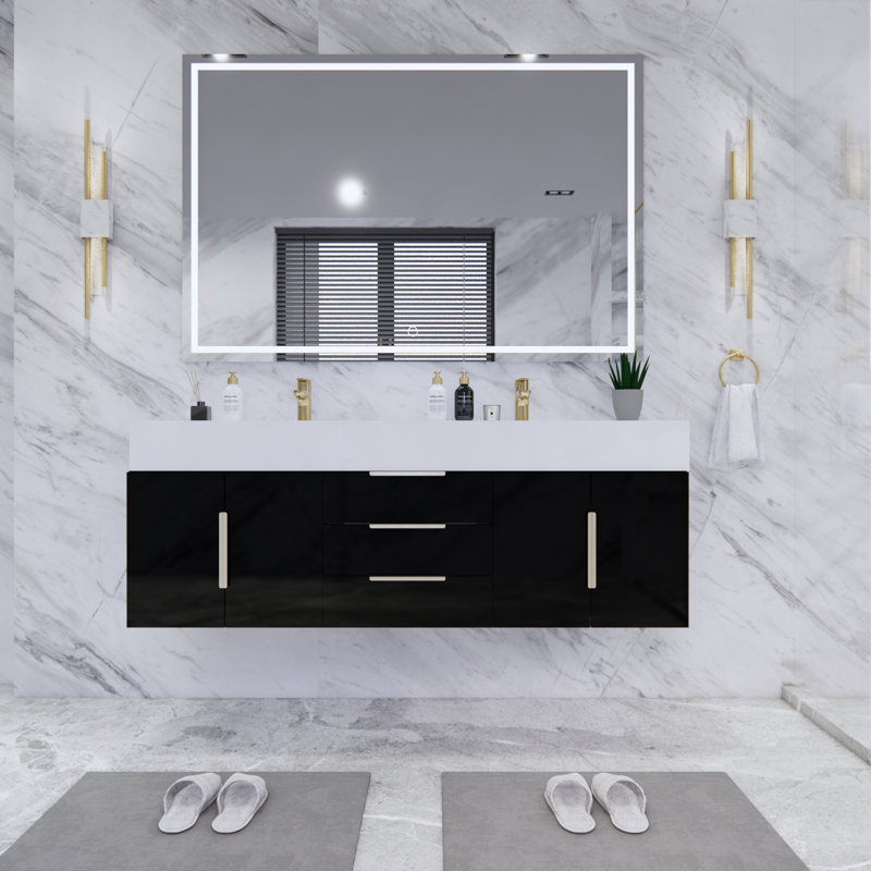 Glasgow 59'' Double Bathroom Vanity with Acrylic Top, Glossy White, High Gloss Black