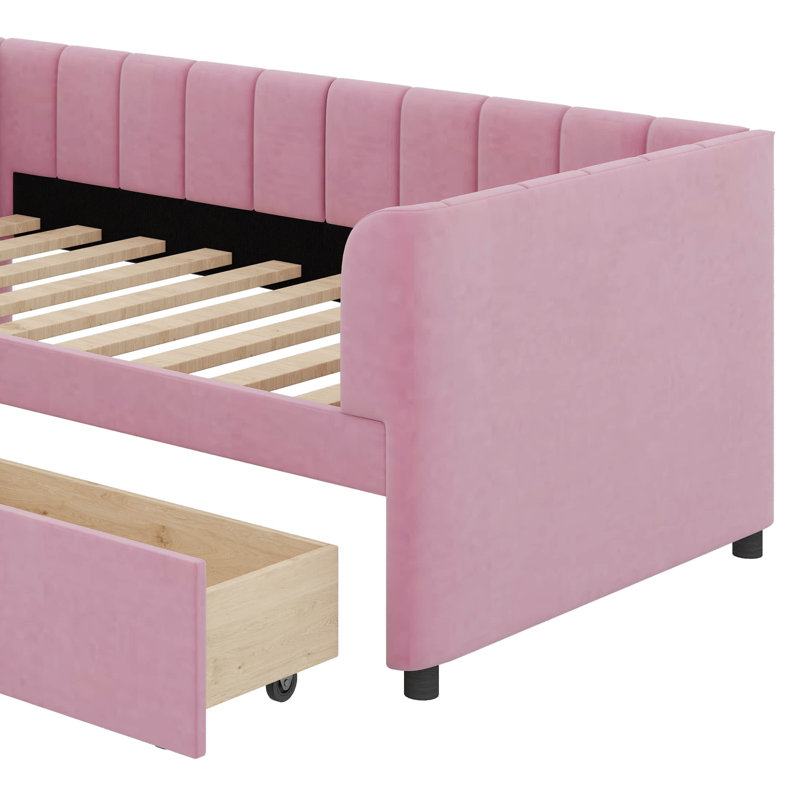 Lit de jour simple tapissier avec tiroirs, Rose