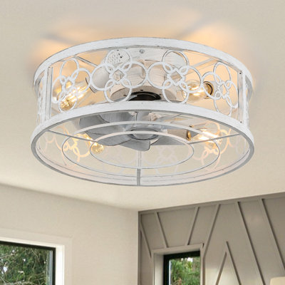 Barcelli 19.5-In Farmhouse Distressed White Ceiling Fan with Light, Flush Mount Caged Ceiling Fan