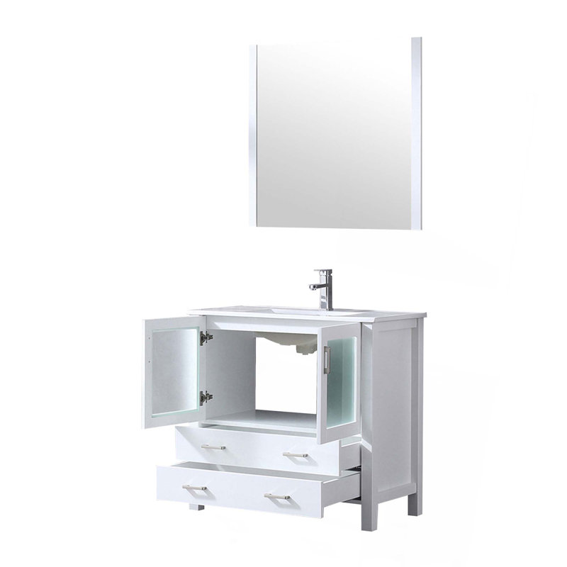 Dessus de meuble-lavabo en céramique, ensemble de robinet et miroir, Blanc, 36"