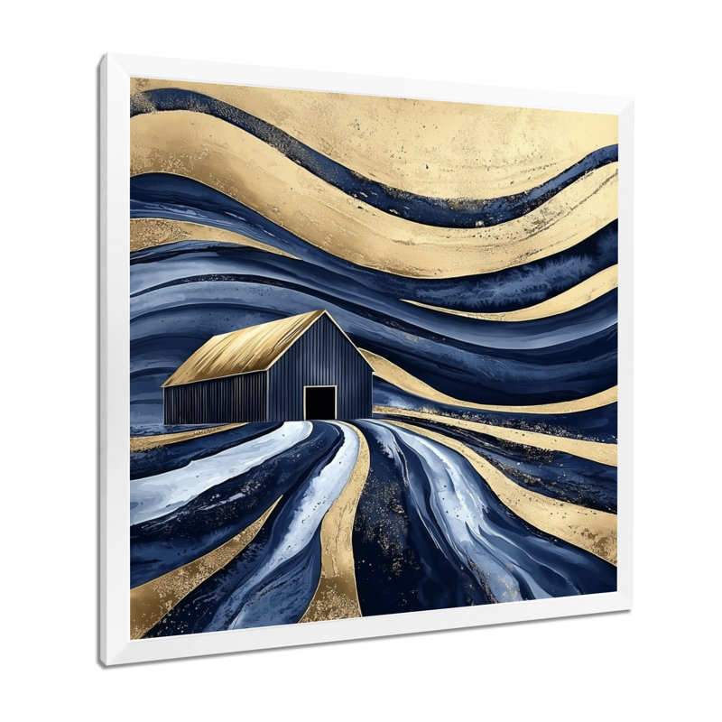 Abstrait bleu et or grange III - salon d'art mural de grange, H 36 po x l 36 po, Reproduction encadrée, Blanc