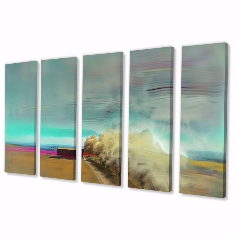 «Desert Storm Turquoise Horizon», art mural abstrait sur toile, 5 panneaux égaux