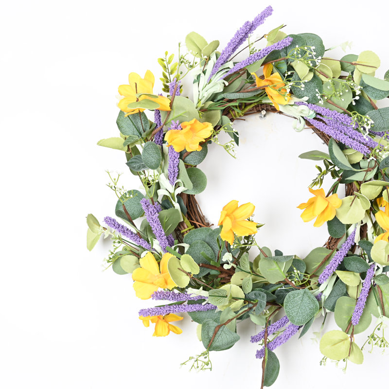 18" Artificial Spring Summer Eucalyptus Wildflower Berry Floral Wreath For Front Door