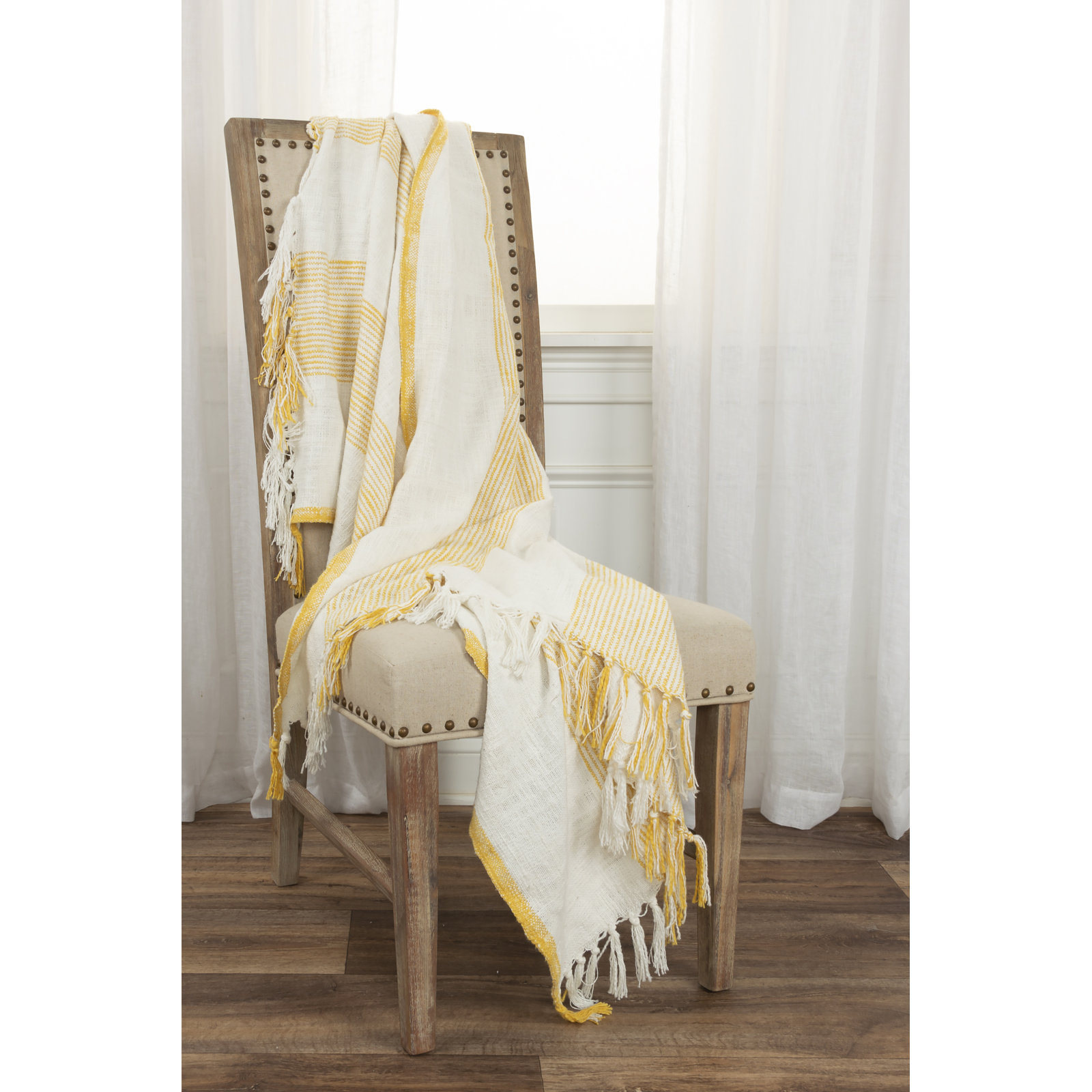 Hopkins Cotton Hand Woven Throw Blanket, Ivory/Yellow