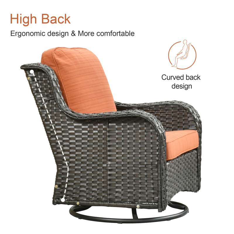 Rocking Swivel Patio Wicker Lounge Chairs With Cushions And Table, Brown, Orange Red