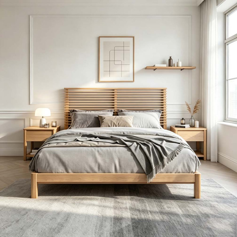 Base de lit en bois massif avec tête de lit, Naturel, Grand lit