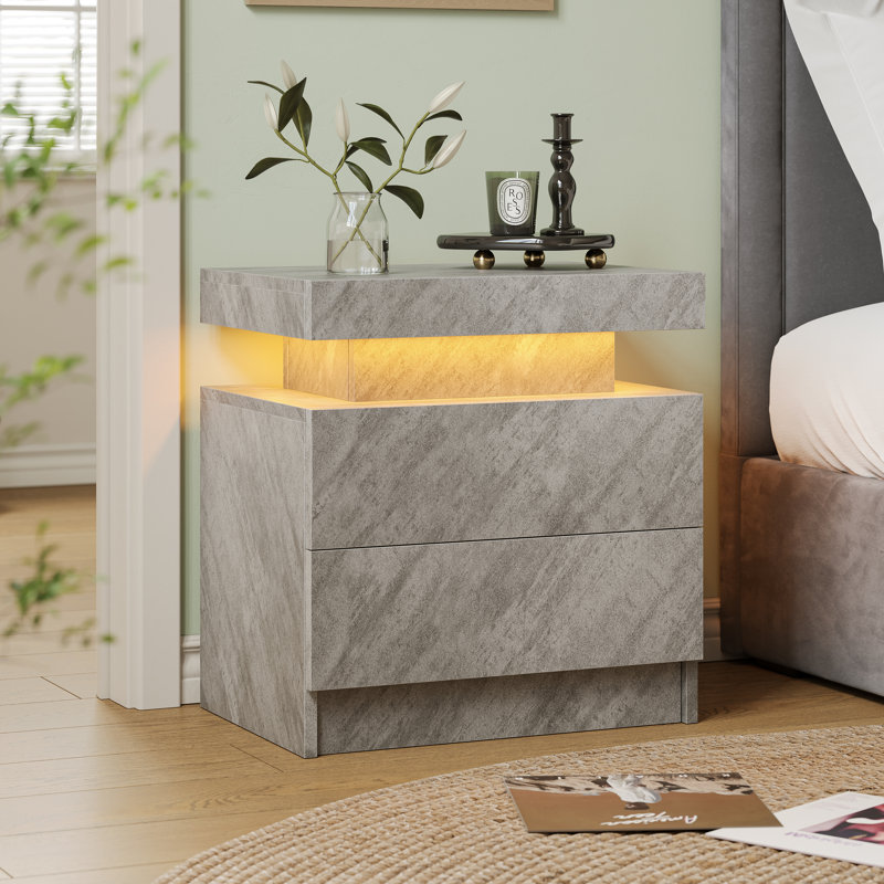 Table de chevet moderne avec lumière DEL et 2 tiroirs, Gris