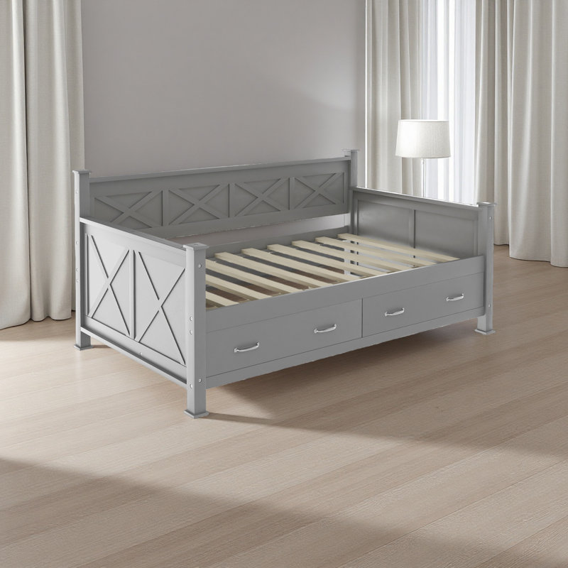 Twin Size Daybed With 2 Large Drawers, X-Shaped Frame, Modern And Rustic Casual Style Daybed, Gray