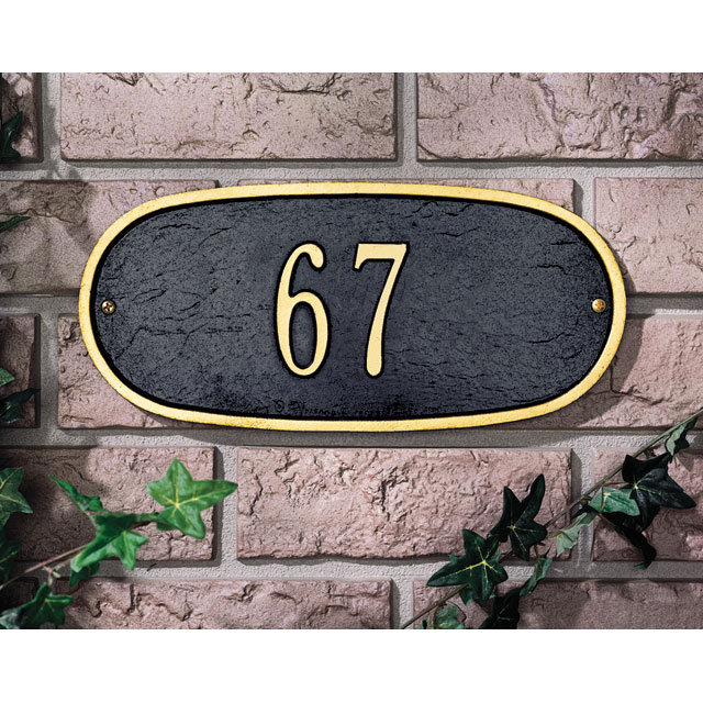 Plaque d'adresse murale ovale standard, Oui, Noir / lettres dorées