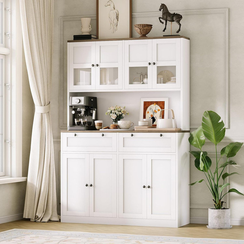 Kitchen Pantry Cabinet with Charging Station, Tall Hutch with Microwave Stand & Drawers, White