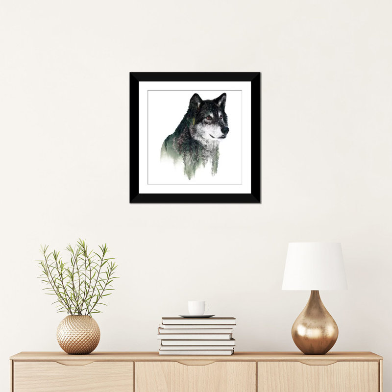« loup i », impression sur toile, Papier avec cadre noir, H 16 po x l 16 po x P 1 po, Blanc