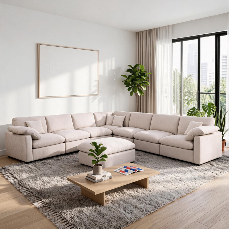 Ensemble de salon modulaire en chenille avec repose-pieds 8 personnes Burwell, Light Beige