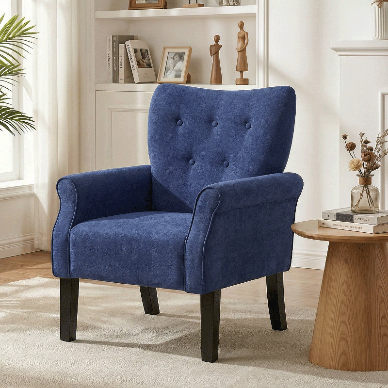 Fauteuil rembourré, fauteuil d'appoint capitonné à boutons avec pieds en bois pour le salon, la chambre à coucher, Marine