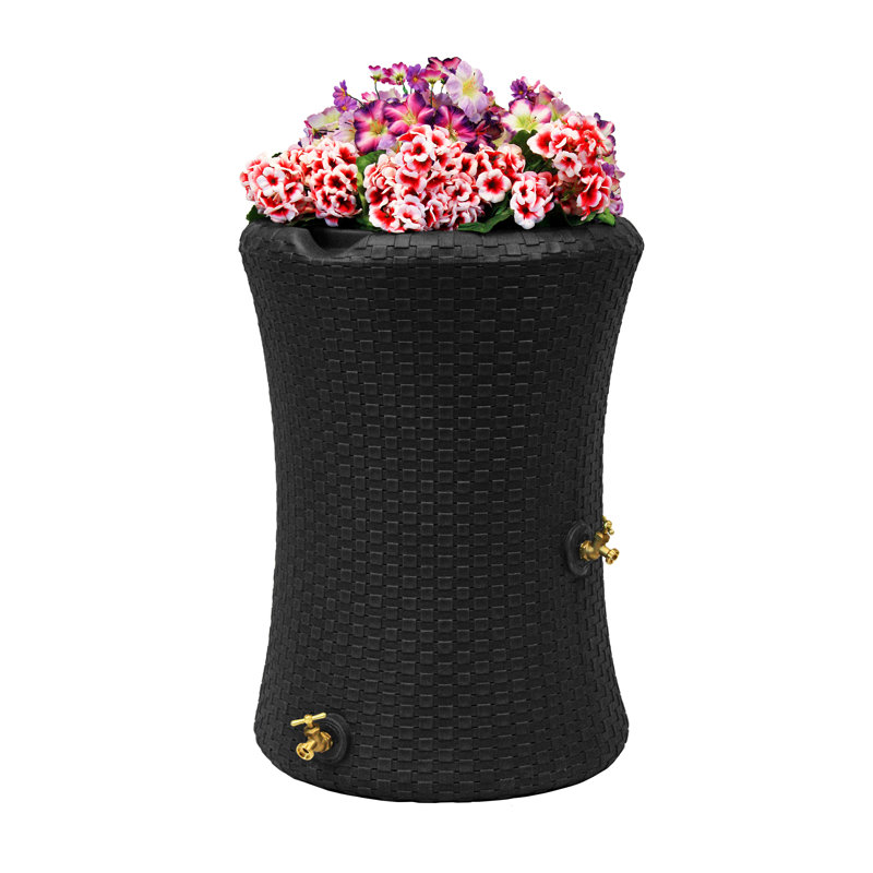 Black Wicker 50 Gallon Rain Barrel with Planter Top