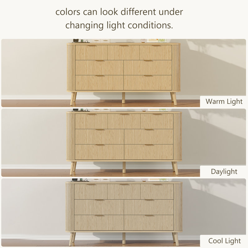 57" Wide Fluted 7 Drawer Double Dresser with Power Station, Oak