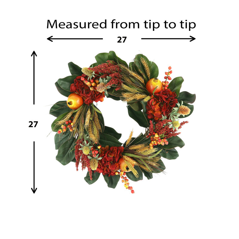 27" Fall Wreath With Hydrangeas, Wheat And Pomegranates