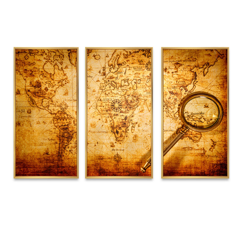 Loupe sur carte du monde - cartes et drapeaux, ensemble de 3 toiles encadrées, H 20 po x l 36 po x P 1 po, Encadrement doré
