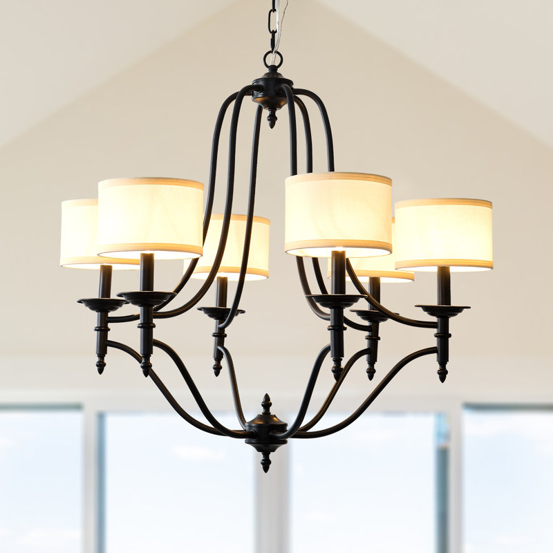 Lustre campagnard traditionnel / classique à 6 lumières avec tissu, lustre noir de 30 pouces avec abat-jour