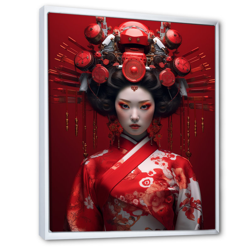 Geisha japonaise futuriste I - impression, H 40 po x l 30 po x P 1,5 po, Cadre flottant blanc