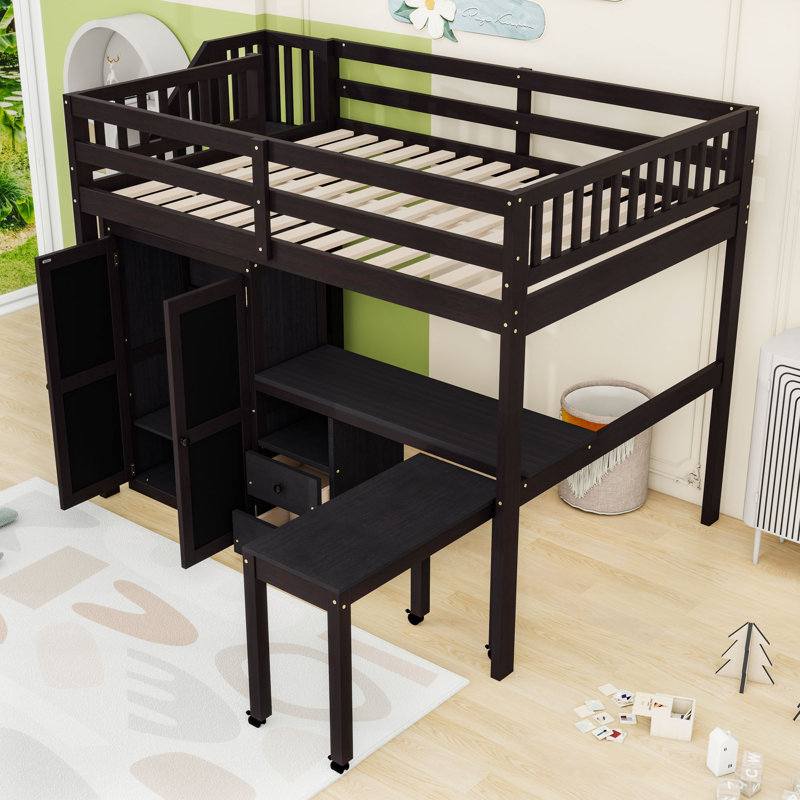Wooden Loft Bed With Built-In-Desk And Stairs, Full, Espresso