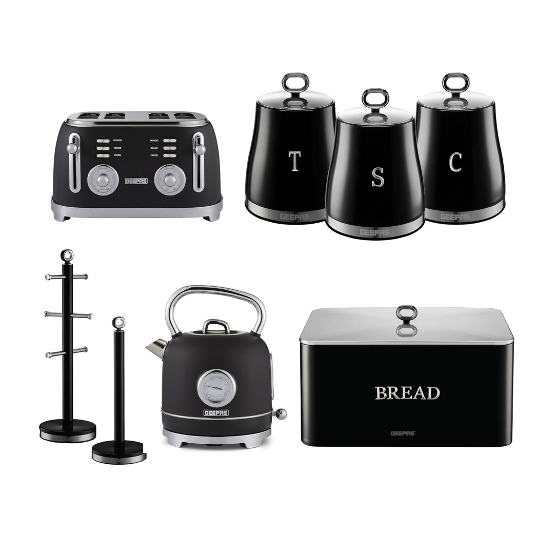 GEEPAS Retrovive 1.8L Electric Kettle, 4 Slice Bread Toaster, Set of 3 Tea Coffee Sugar Canister, Bread Bin, Mug Tree & Towel Pole Set of 8 PC Matchin