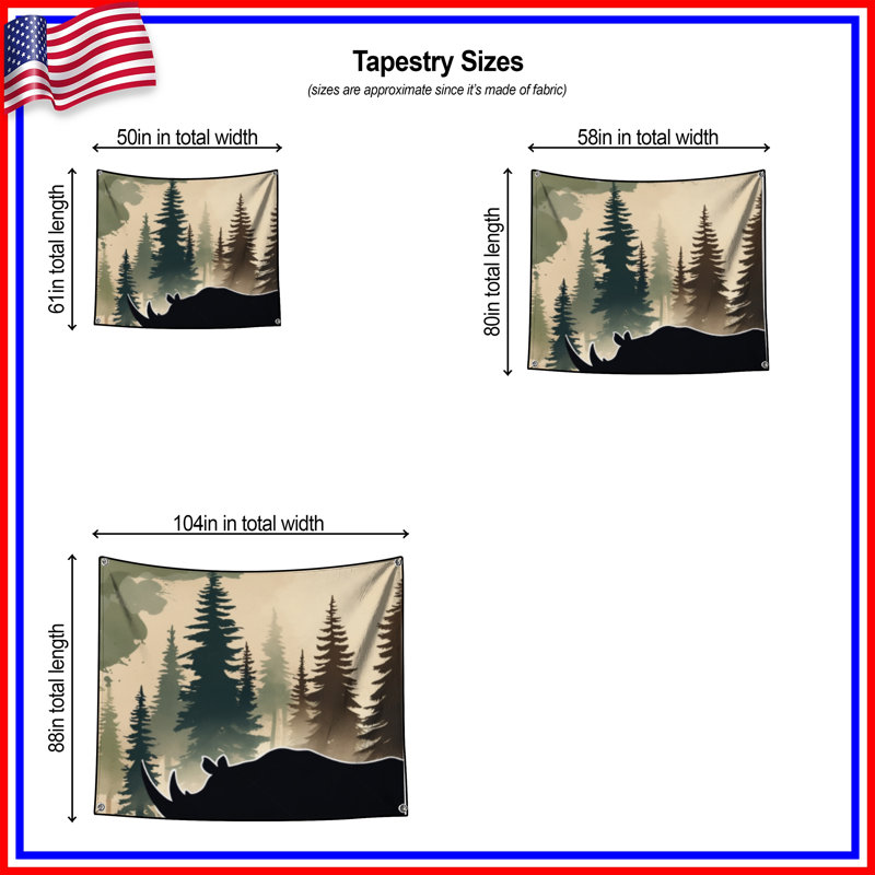 Tapisserie murale Silhouette Rhinoceros Forest - Rhinoceros Wall Decor, H 50 po x l 60 po avec 4 œillets
