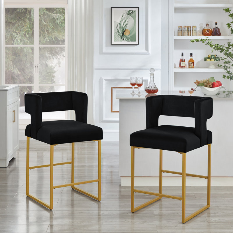 Ensemble de 2 tabourets de bar à hauteur de comptoir, H 26 po, noir, pieds en fer, dossier ouvert carré, pour îlot de cuisine | Idée cadeau