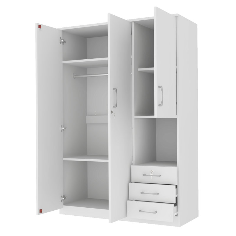 Armoire Charlie en bois avec tablettes, tringle et tiroirs, Blanc