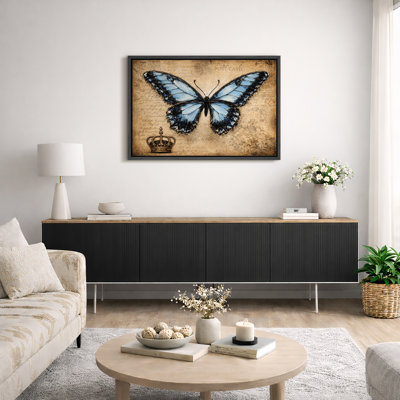 Art de papillon bleu, images de couronne rétro, impression sur toile encadrée