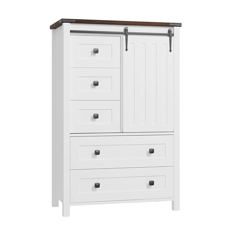 Commode de ferme à 5 tiroirs avec porte de grange coulissante, grande commode avec tablettes réglables, Blanc