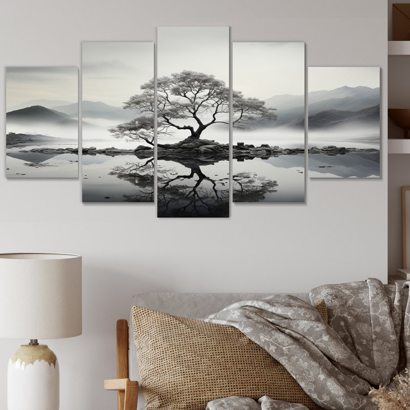 Arbre à encre monochrome Harmony II - décoration murale florale - 5 panneaux