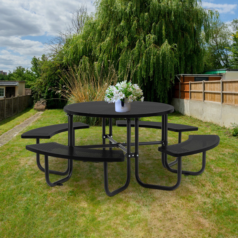 Ridenour Metal Picnic Table Dining Table with Umbrella Hole - Coated Steel Heavy Duty Commercial Grade Table, Black