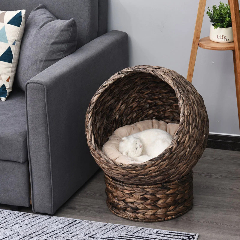 Lit pour chat surélevé tissé à la main avec coussin moelleux - forme de chaise d'œuf rotative, panier en osier surélevé pour chats d'intérieur