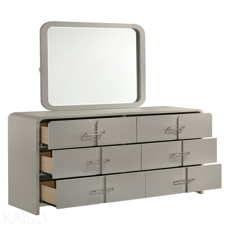 Commode moderne à 6 tiroirs avec façade texturée, poignées en métal et système de roulement à billes beige (inclut seulement la commode)