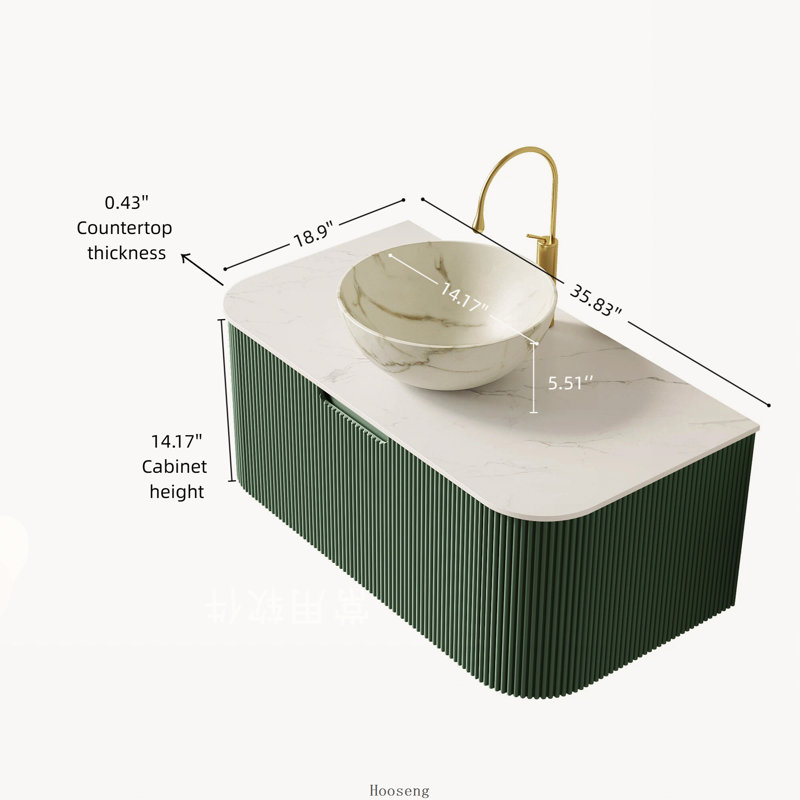 Meuble-lavabo flottant vert foncé 36 po avec armoire à rayures courbées, lavabo en céramique blanc mat et comptoir en pierre