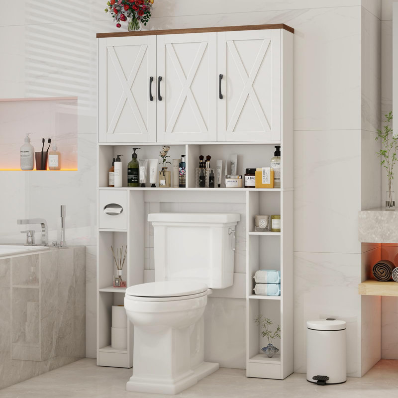 Over The Toilet Storage Cabinet With 3 Barn Doors Toilet Paper Holder, White