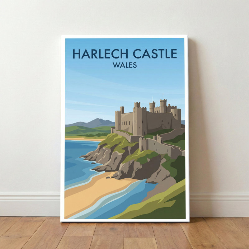 Harlech Castle, Wales - Romantic Coastal Travel Poster of Castle and Sea. Giclee Print on Wrapped Canvas. Wall Art, Home Decor - Castles & Palaces, Wales 1 Piece Wrapped Canvas Wall Art