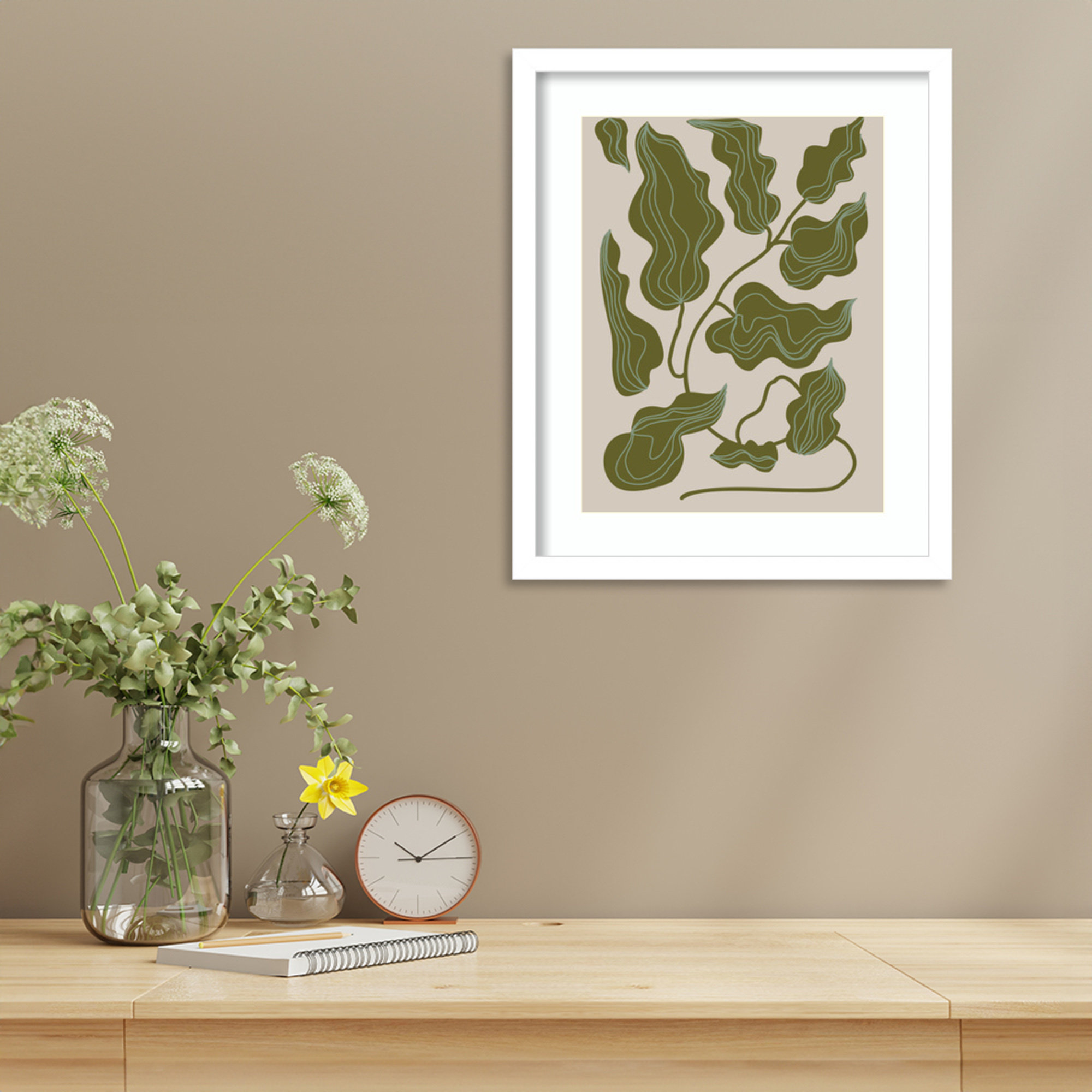 Expressive Abstract House Plant Green Leaves By The Creative Bunch Studio Wood Framed Wall Art Print, White