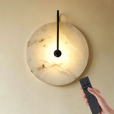 9.84in Round Modern Dimmable Led Alabaster Wall Sconce With Remote Control, Black Accent