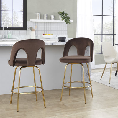 Tabouret de comptoir à hauteur fixe avec pivot en métal doré et velours espresso avec repose-pieds rond en métal doré - ensemble de 2