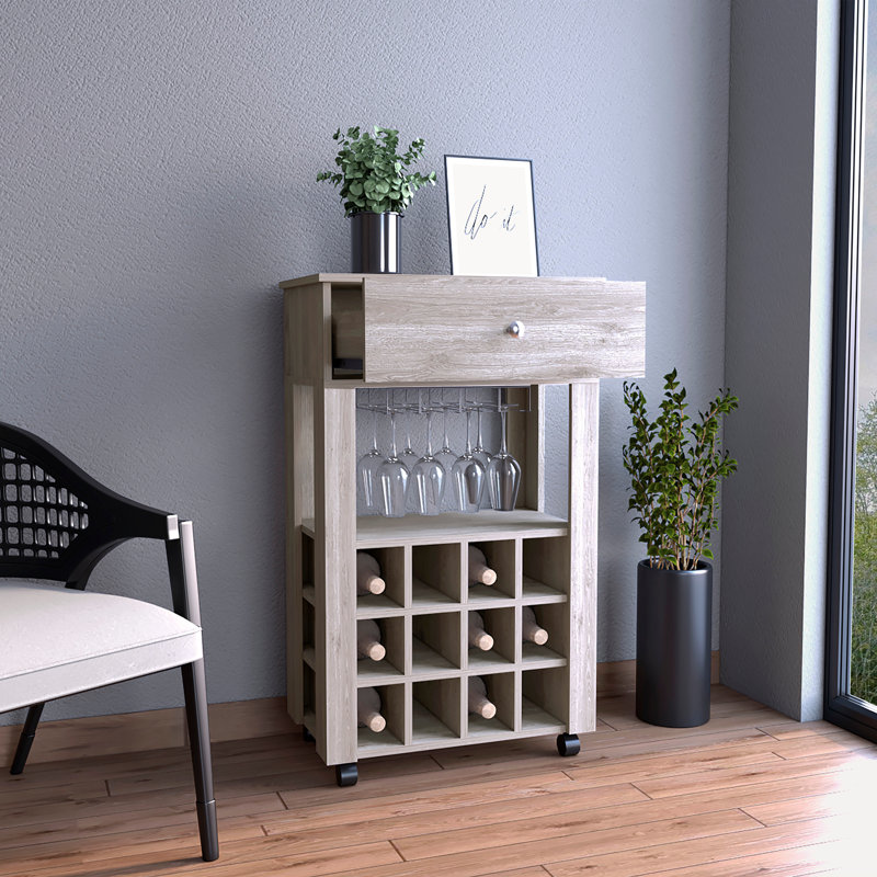 Modern Bar Cart, Twelve Built-in Wine Rack, Four Legs, One Open Shelf -Light Gray