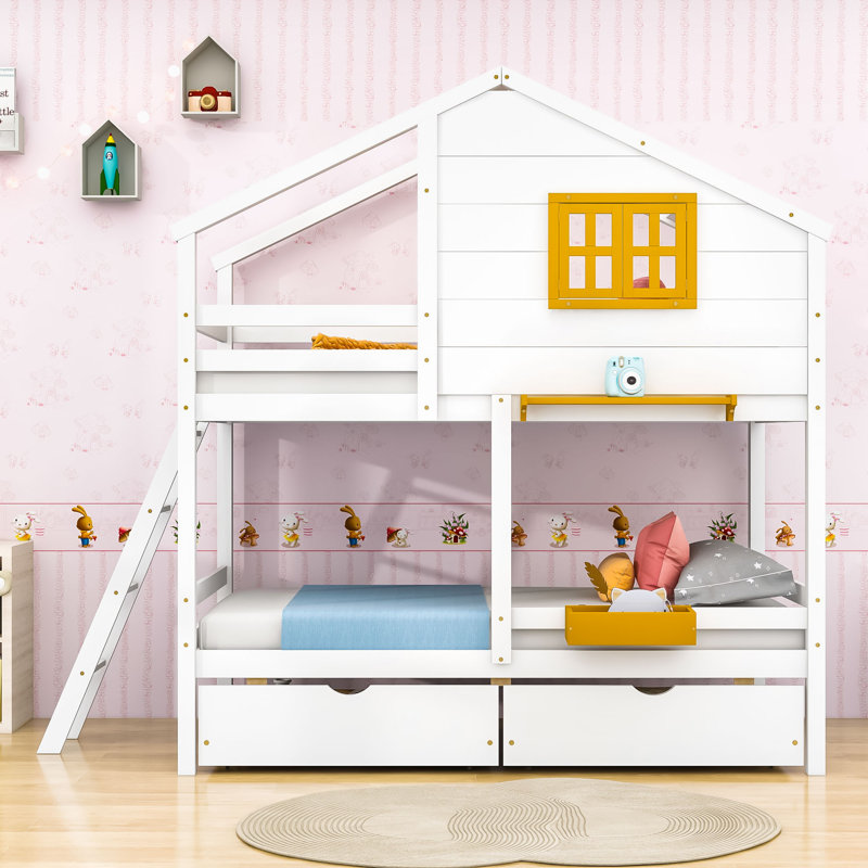 Bosonohy Kids Twin Over Twin Bunk Bed with Drawers, White