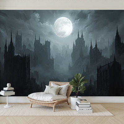 Peel and Stick Wallpaper 96" W x 69" H Modern Self Adhesive Wall Mural for Bedroom Gothic Castle Foggy Night Full Moon Creepy Ghost Bat