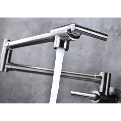 Wall Mounted Pot Filler Faucet Brushed Nickel - Folding Mechanism, 360 Rotation, Brass Build, Double Handles For Convenient Water Management, Corrosion Surface Texture Function, Easy Finish