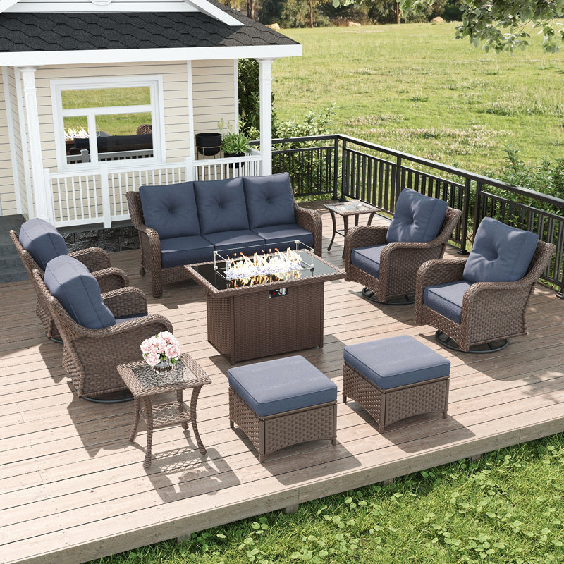 10 Piece Wicker Outdoor Furniture Set with 6-inch Comfy Cushions, High Back Patio Furniture Set with Swivel Rocking Chairs and Fire Pit Table
