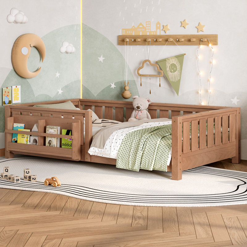 Lit scandinave avec bibliothèque intégrée et garde-corps de sécurité, Twin, Natural