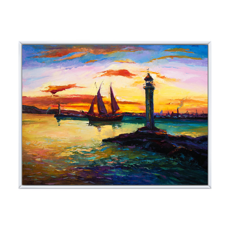 Scène portuaire - reproduction d'art sur toile, H 12 po x l 20 po x P 1 po, Toile avec cadre flottant blanc