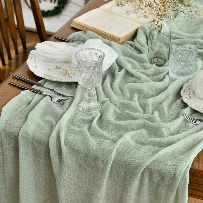 Sage Green 2PCS Boho Gauze Cheesecloth Table Runner 300 cm | Seasonal Spring Bridal Fabric Kitchen Dining Wedding Holiday Table Decor for Home Party